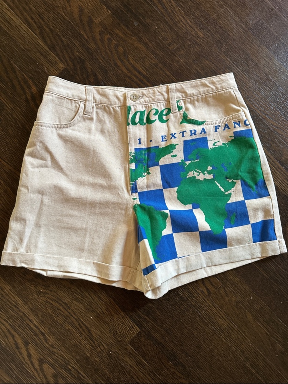 Vans Cream High-Waist Shorts with Blue Check & Green Map Print